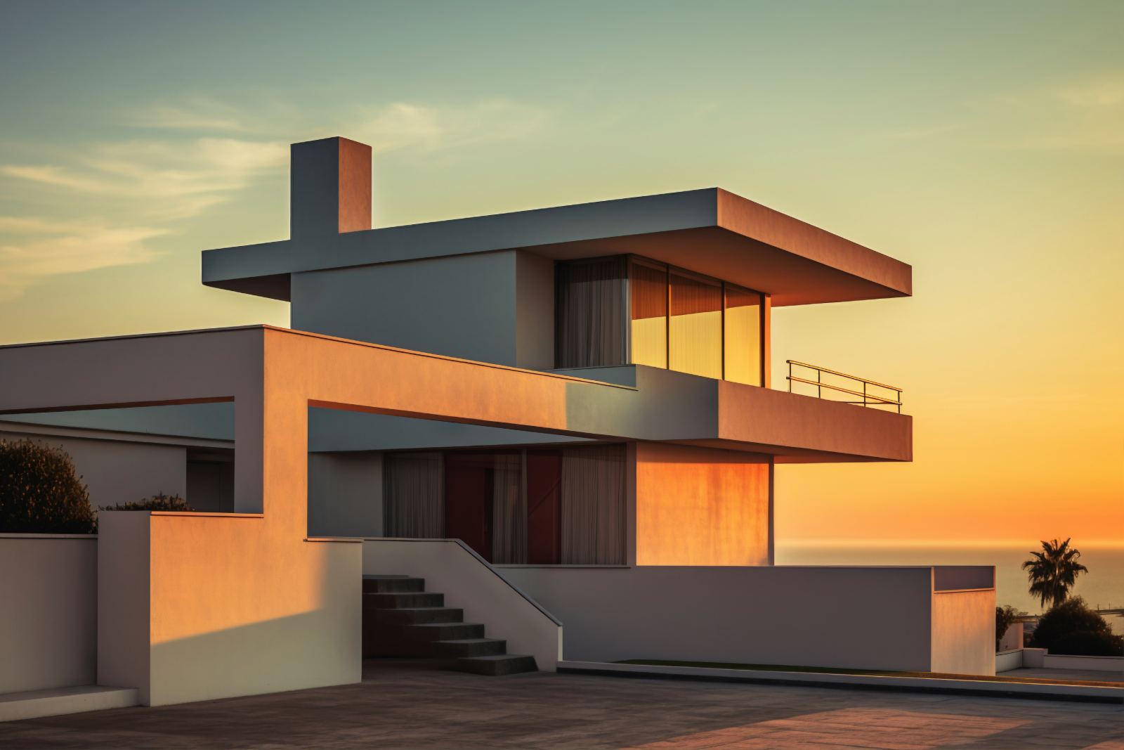 Modern home at sunset